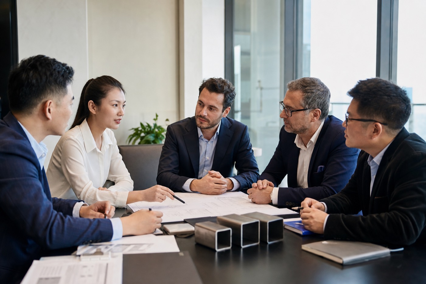 AI-staged overseas buyer meeting placeholder